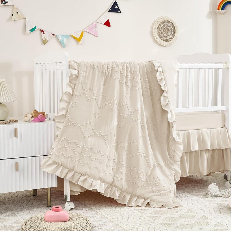 NacoMoco 3-Piece Tufted Ruffle Crib Bedding Set for Girls - Ultra Soft Baby Bedding Set Includes Boho Crib Comforter, Sheet & Skirt (Beige) - Image 1
